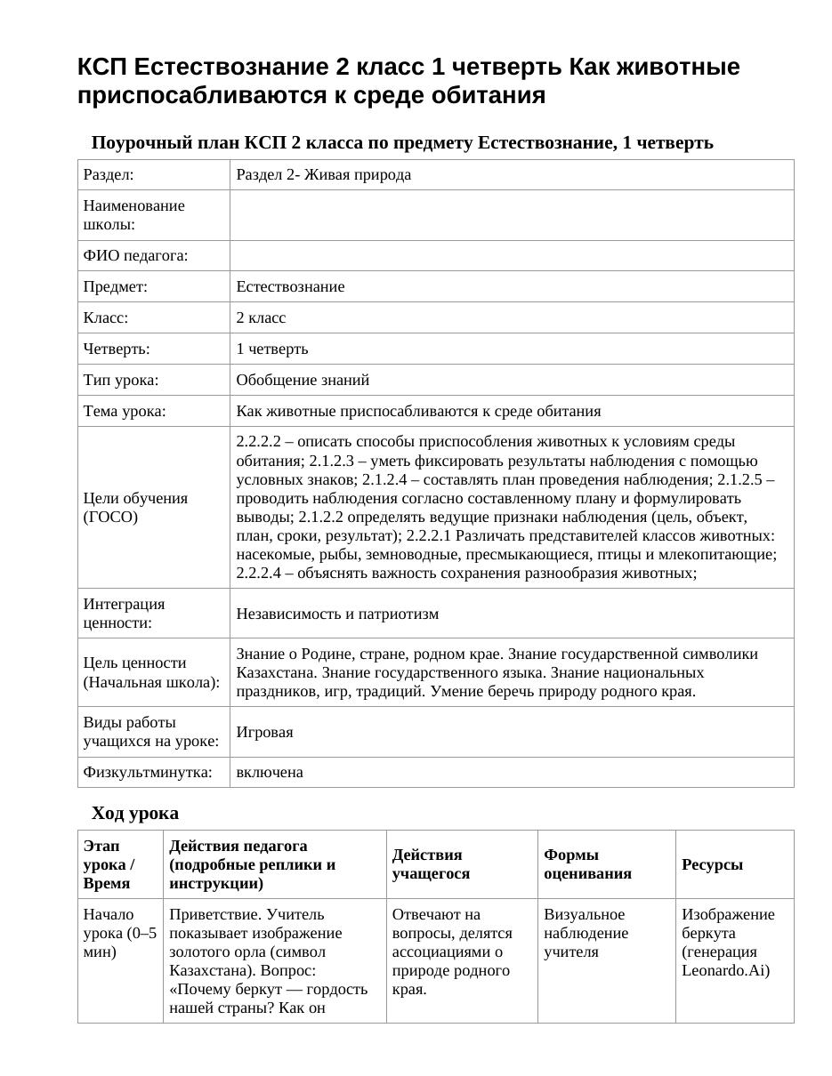 КСП Естествознание 2 класс 1 четверть Как животные приспосабливаются к среде обитания