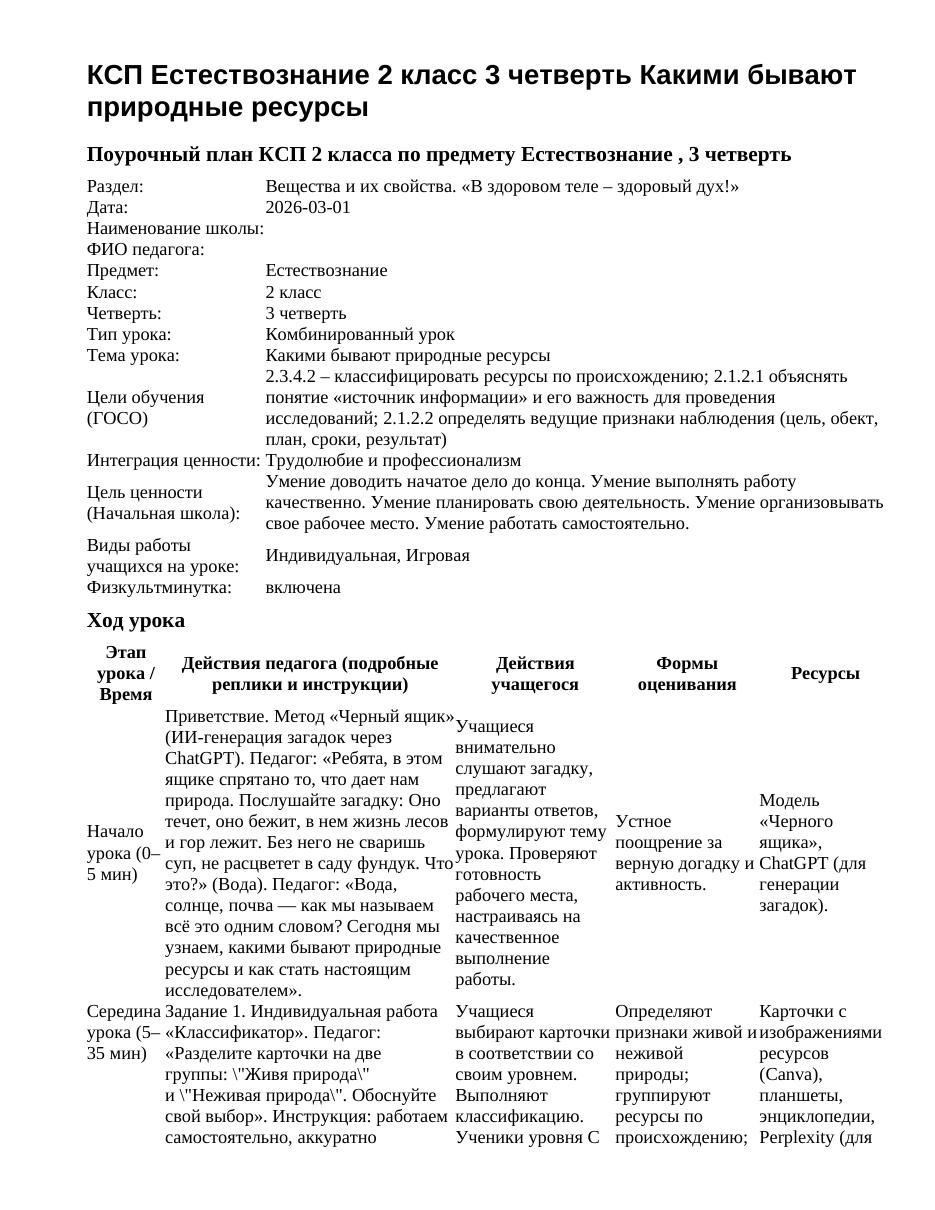 КСП Естествознание 2 класс 3 четверть Какими бывают природные ресурсы
