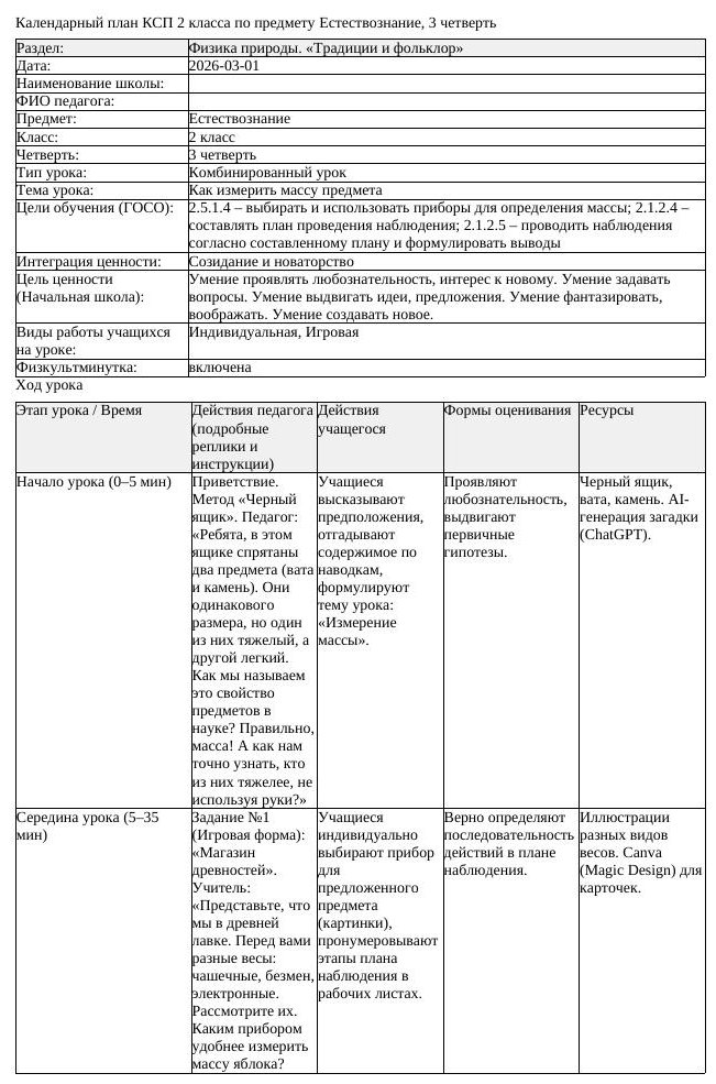 КСП Естествознание 2класс 3 четверть Как измерить массу предмета