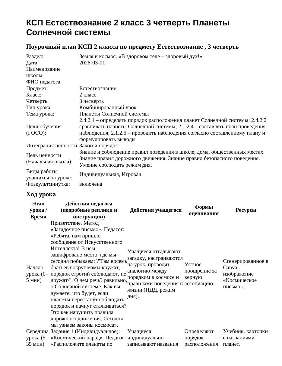 КСП Естествознание 2 класс 3 четверть Планеты Солнечной системы