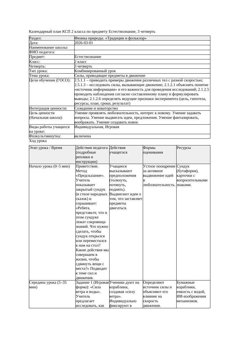 КСП Естествознание 2класс 3 четверть Силы приводящие предметы в