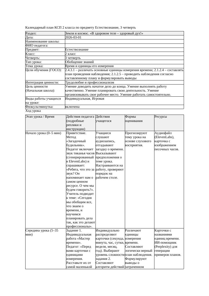 КСП Естествознание 2класс 3 четверть Время и единицы его измерения