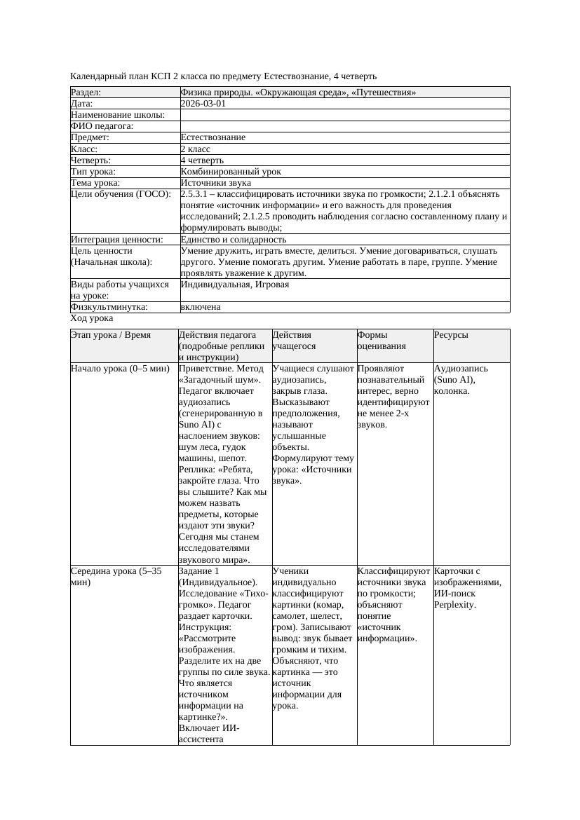 КСП Естествознание 2класс 4 четверть Источники звука 20260301 docx