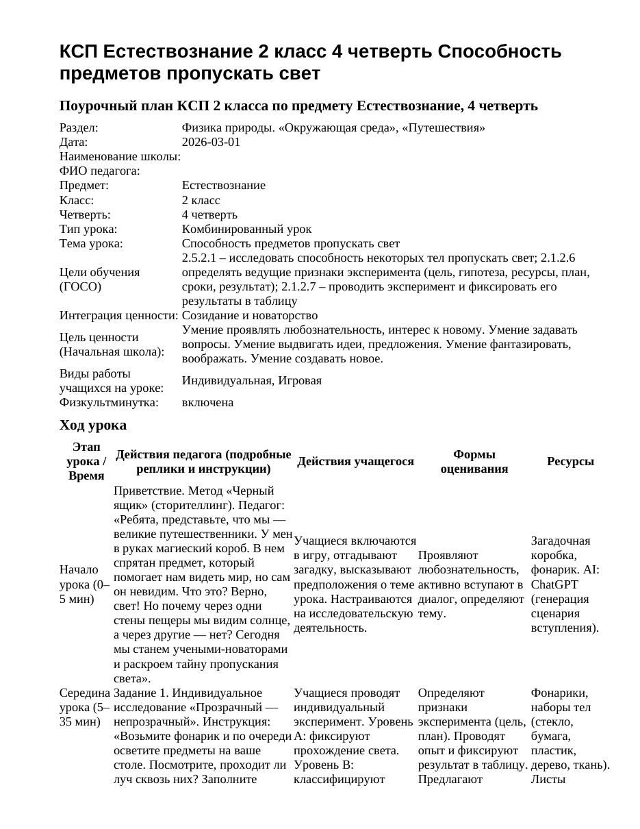 КСП Естествознание 2 класс 4 четверть Способность предметов пропускать свет