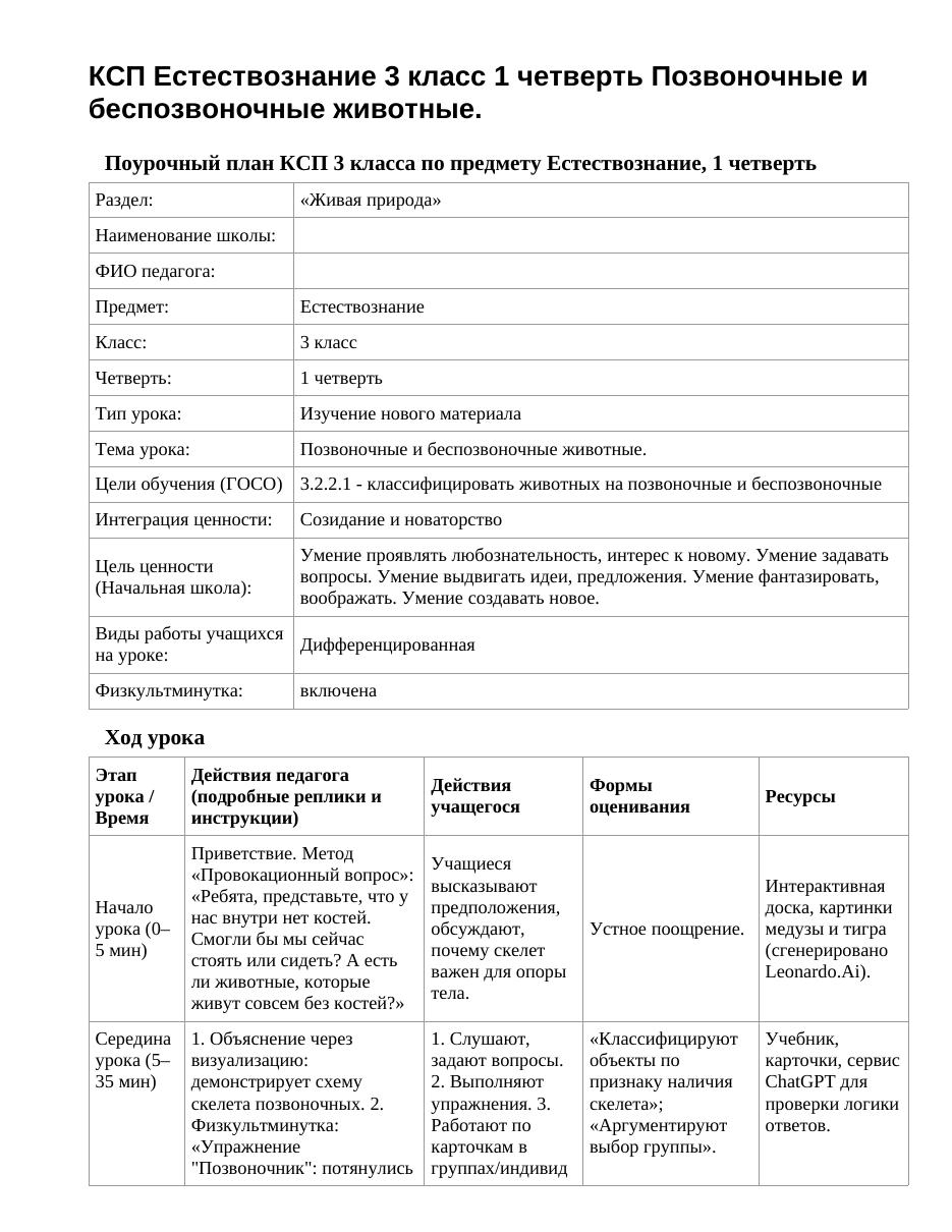 КСП Естествознание 3 класс 1 четверть Позвоночные и беспозвоночные животные.
