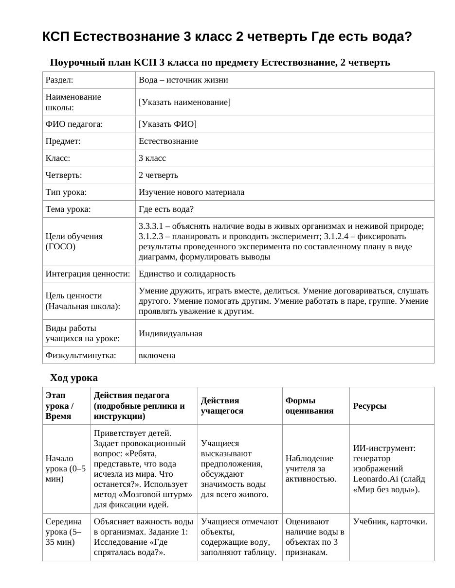 КСП Естествознание 3 класс 2 четверть Где есть вода?
