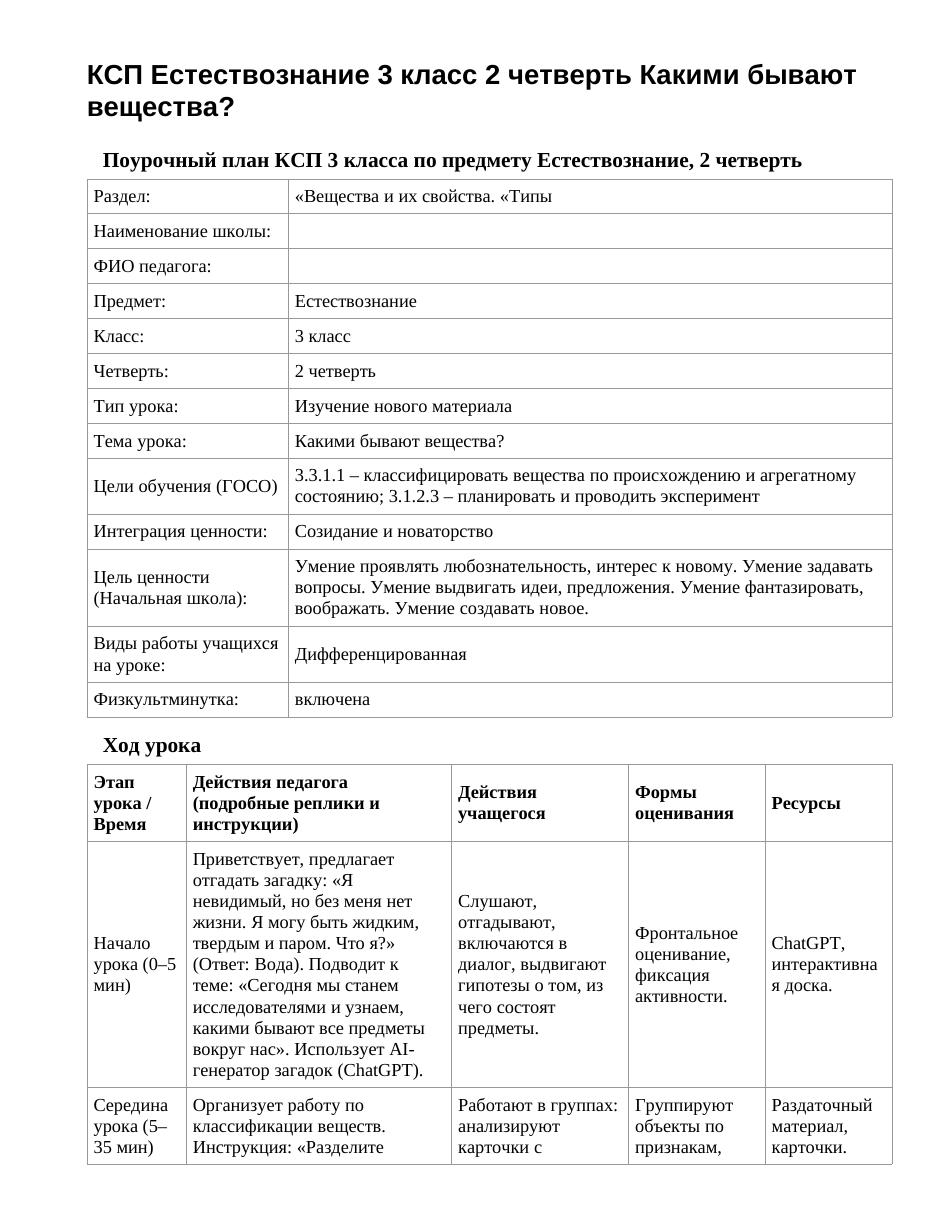 КСП Естествознание 3 класс 2 четверть Какими бывают вещества?