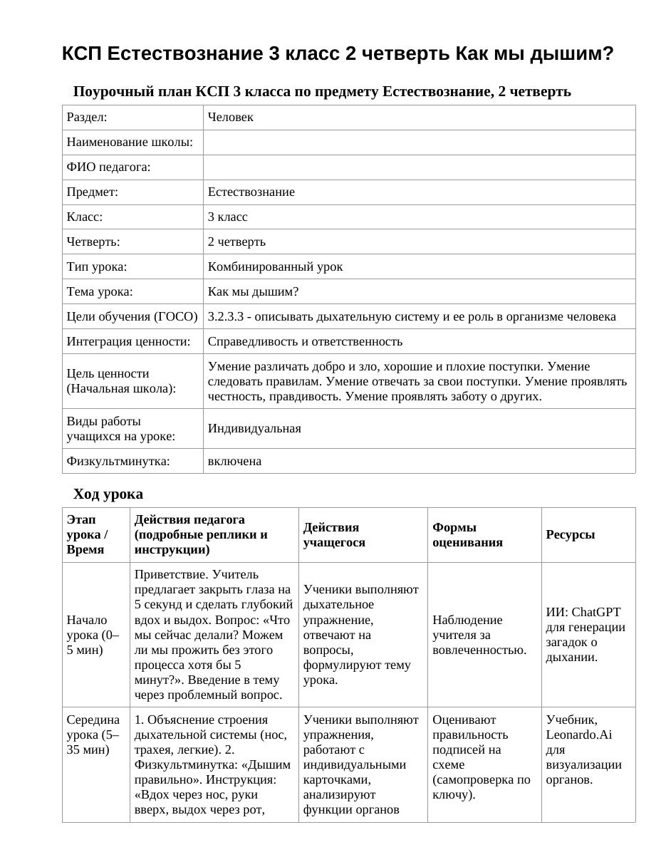 КСП Естествознание 3 класс 2 четверть Как мы дышим?