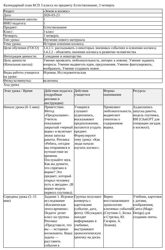КСП Естествознание 3класс 3 четверть История освоения космоса 20260323