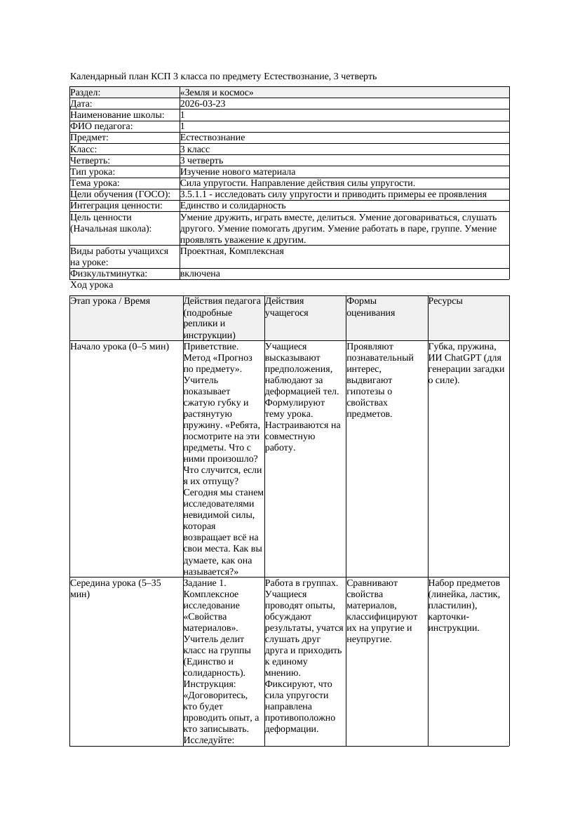 КСП Естествознание 3класс 3 четверть Сила упругости Направление