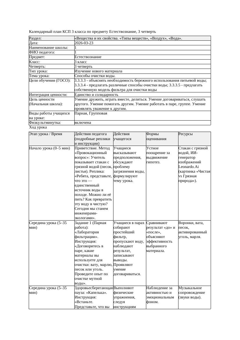КСП Естествознание 3класс 3 четверть Способы очистки воды 20260323