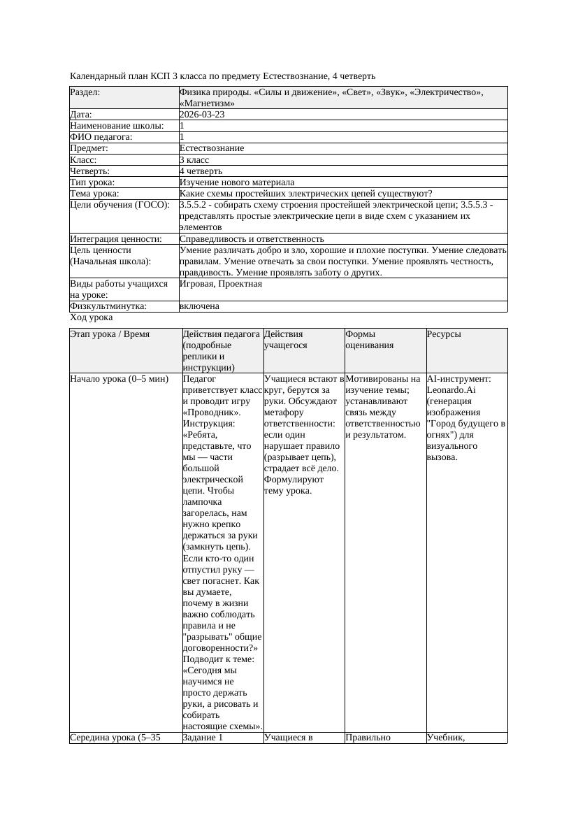 КСП Естествознание 3класс 4 четверть Какие схемы простейших электрических
