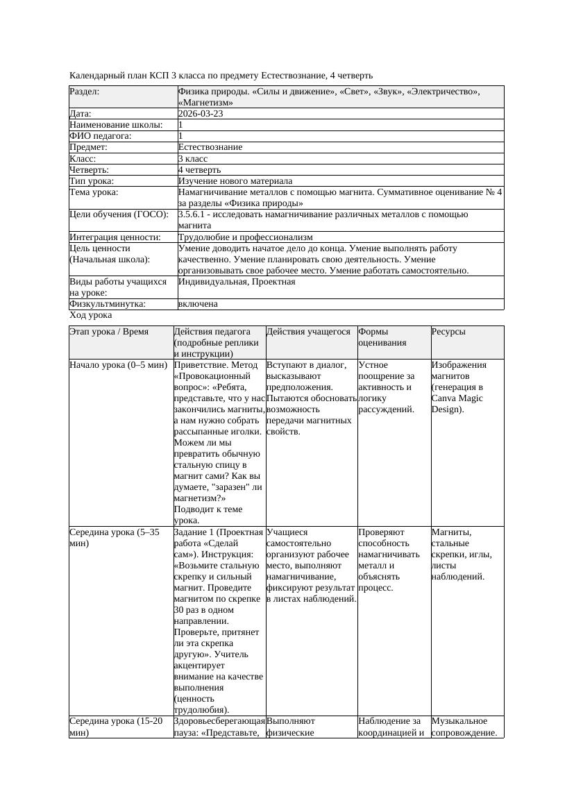 КСП Естествознание 3класс 4 четверть Намагничивание металлов с помощью
