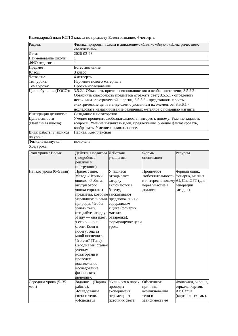 КСП Естествознание 3класс 4 четверть Проект исследование 20260323