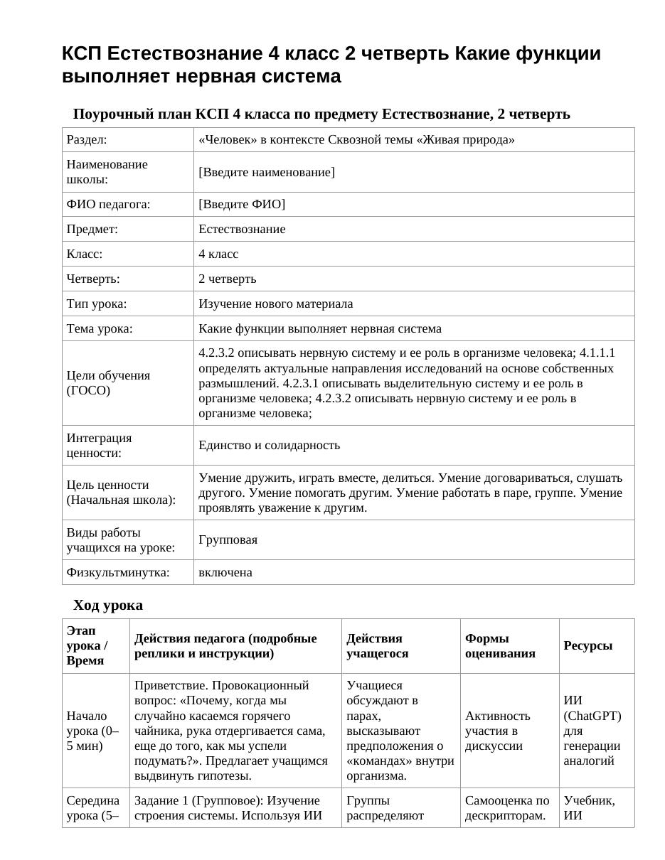КСП Естествознание 4 класс 2 четверть Какие функции выполняет нервная система