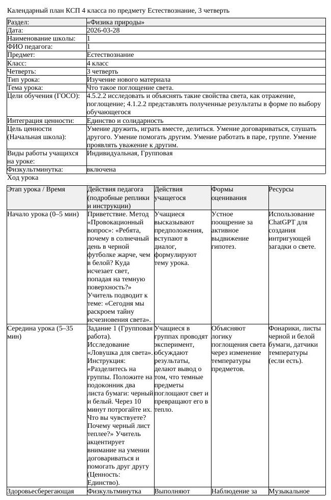КСП Естествознание 4 класс 3 четверть Что такое поглощение света