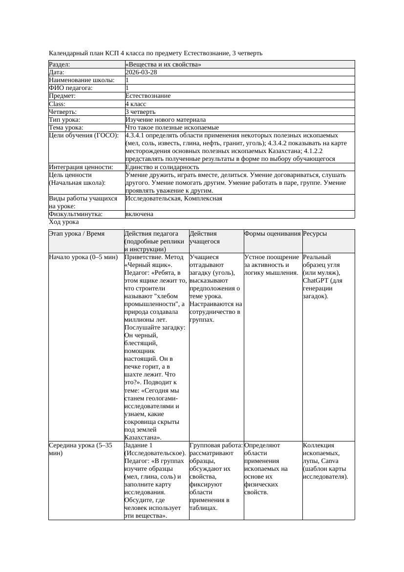 КСП Естествознание 4класс 3 четверть Что такое полезные ископаемые