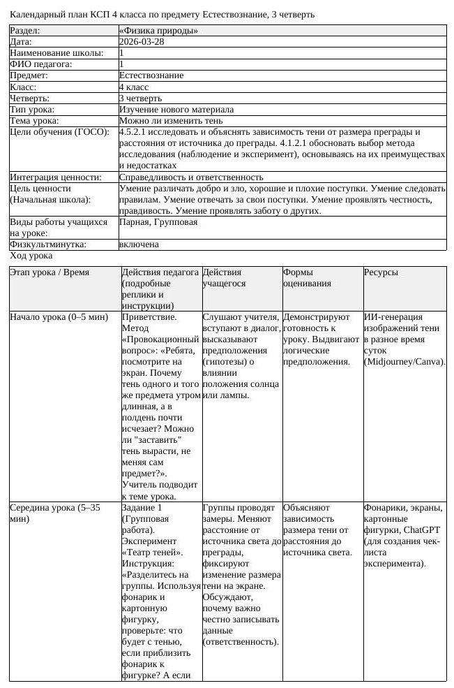 КСП Естествознание 4класс 3 четверть Можно ли изменить тень 20260328