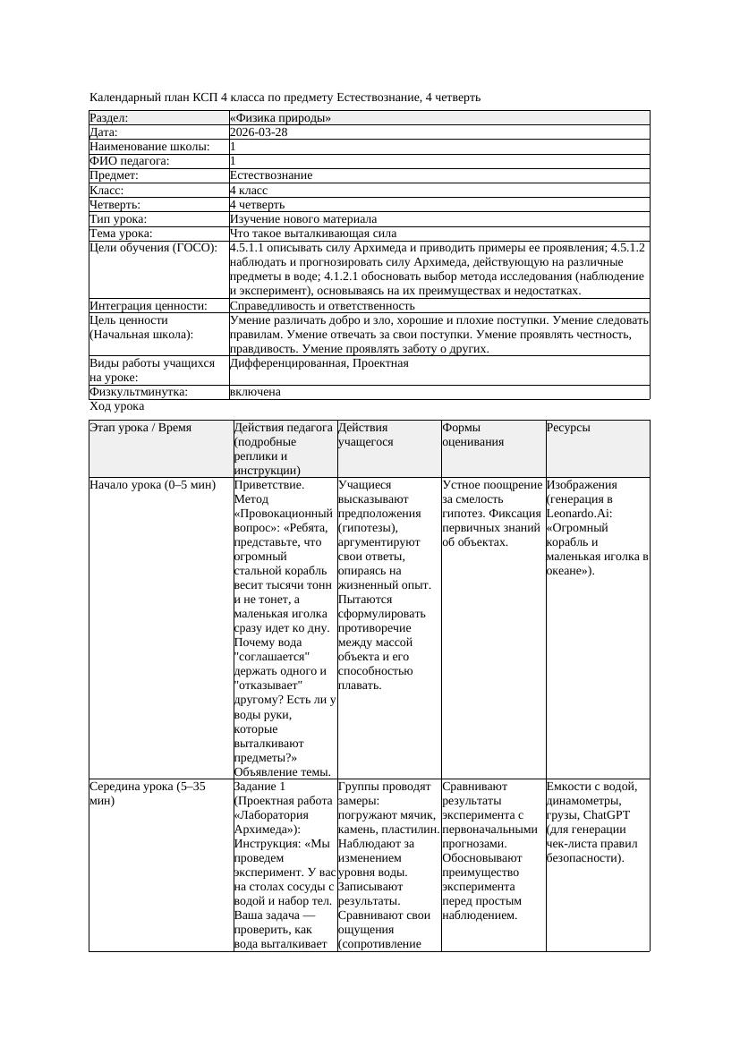КСП Естествознание 4класс 4 четверть Что такое выталкивающая сила