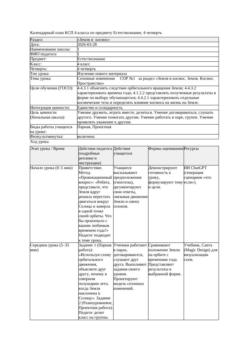 КСП Естествознание 4класс 4 четверть Сезонные изменения СОР 1 за