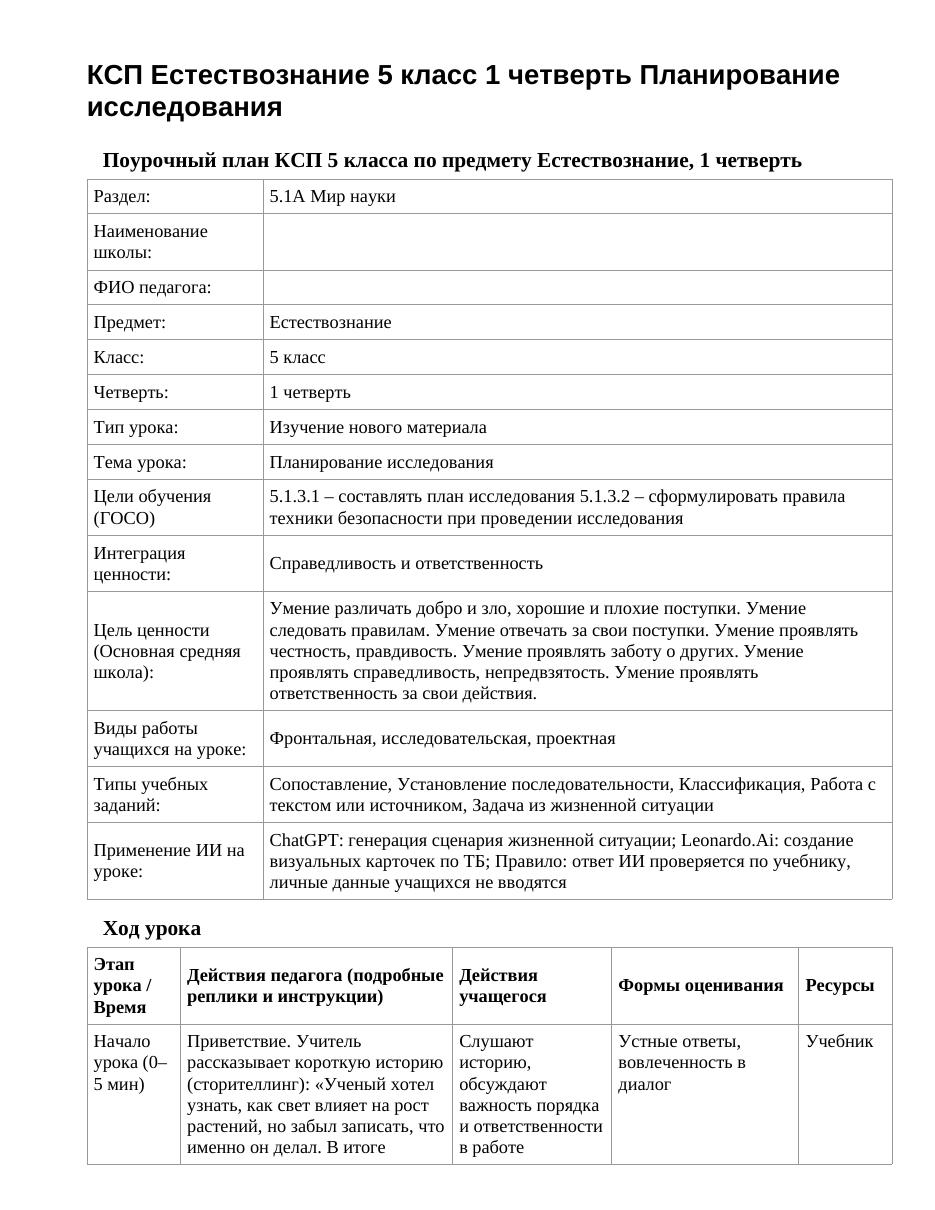 КСП Естествознание 5 класс 1 четверть Планирование исследования