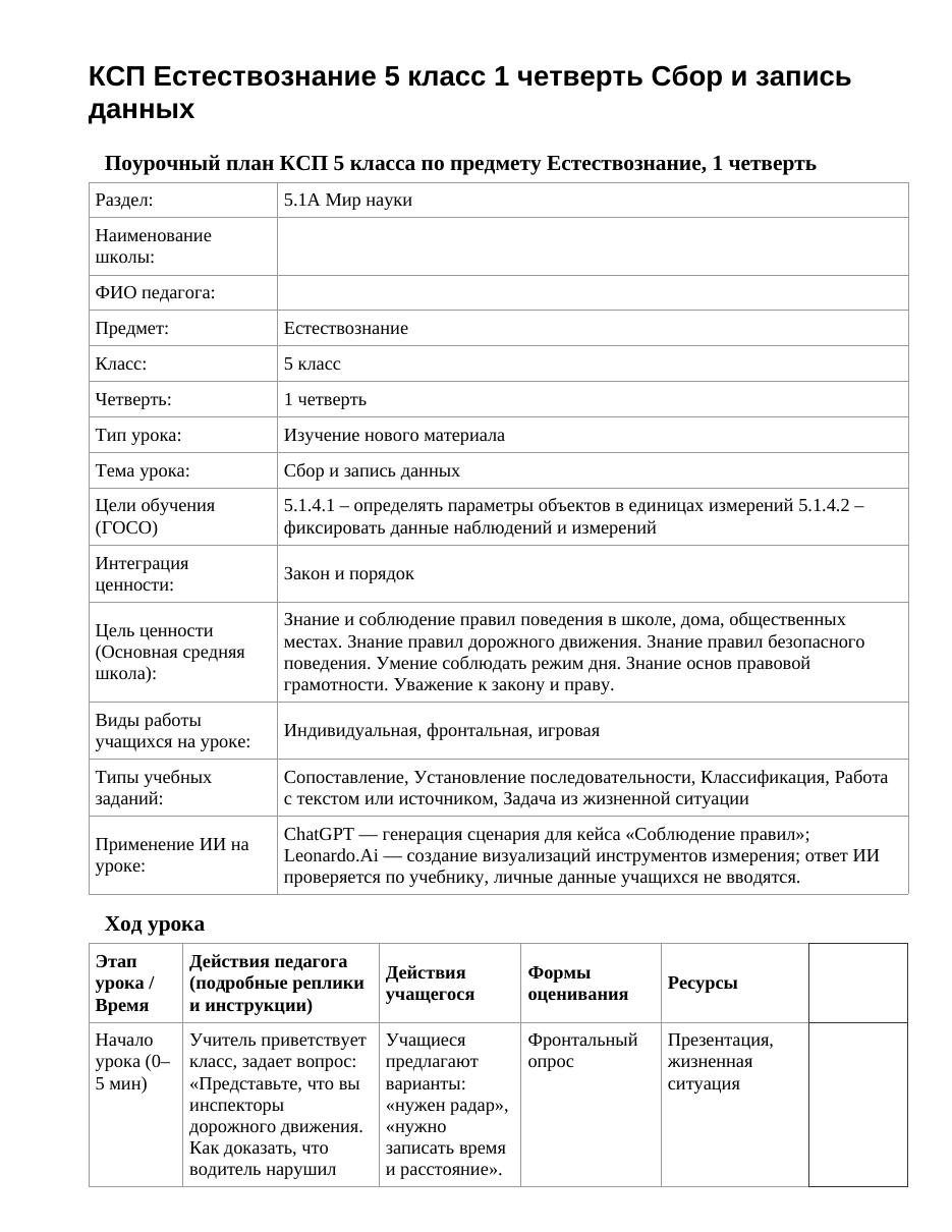 КСП Естествознание 5 класс 1 четверть Сбор и запись данных