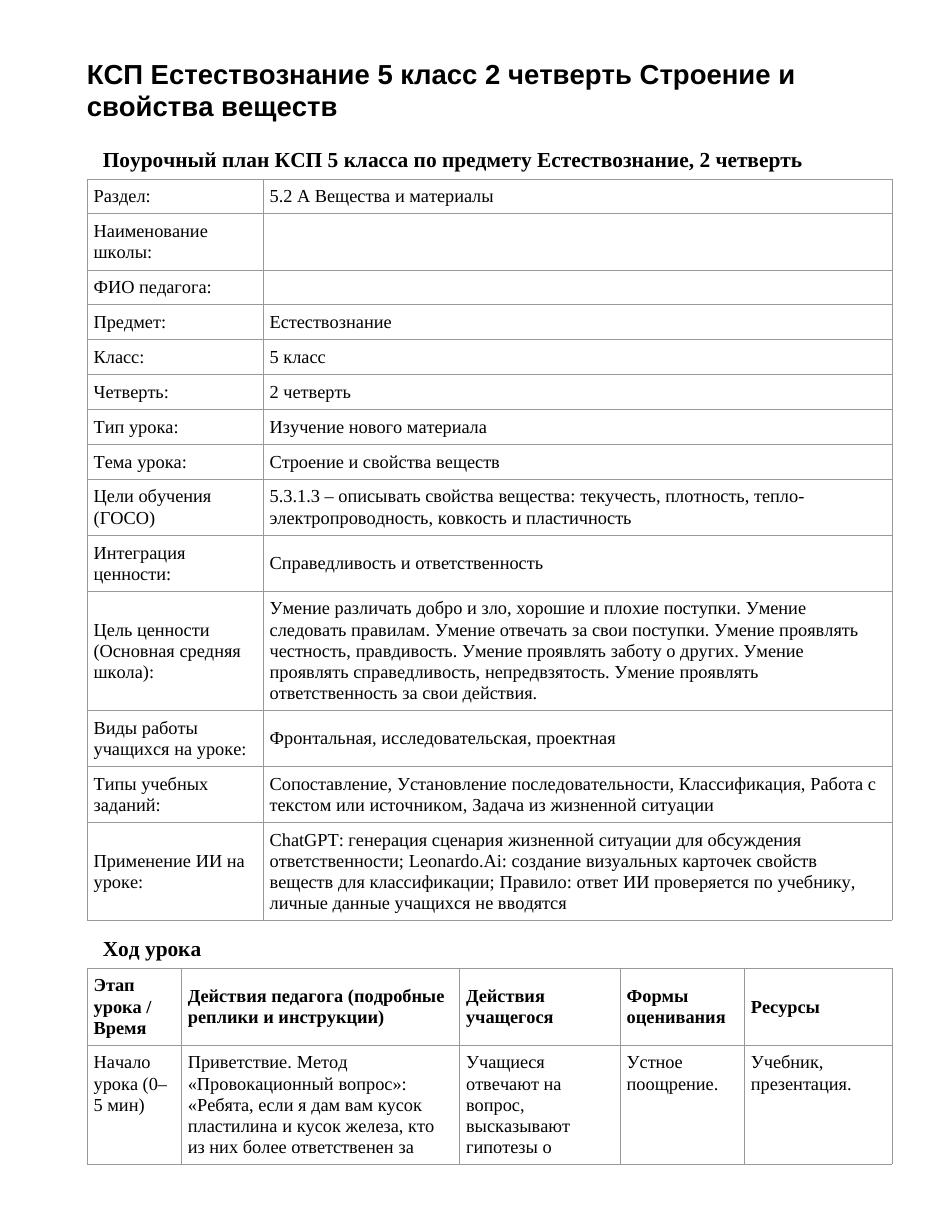 КСП Естествознание 5 класс 2 четверть Строение и свойства веществ