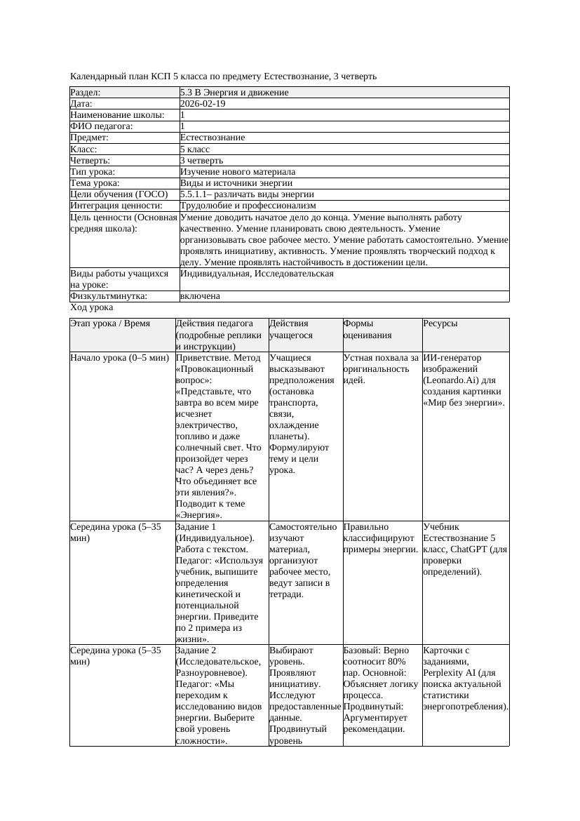 КСП Естествознание 5класс 3 четверть Виды и источники энергии 20260219