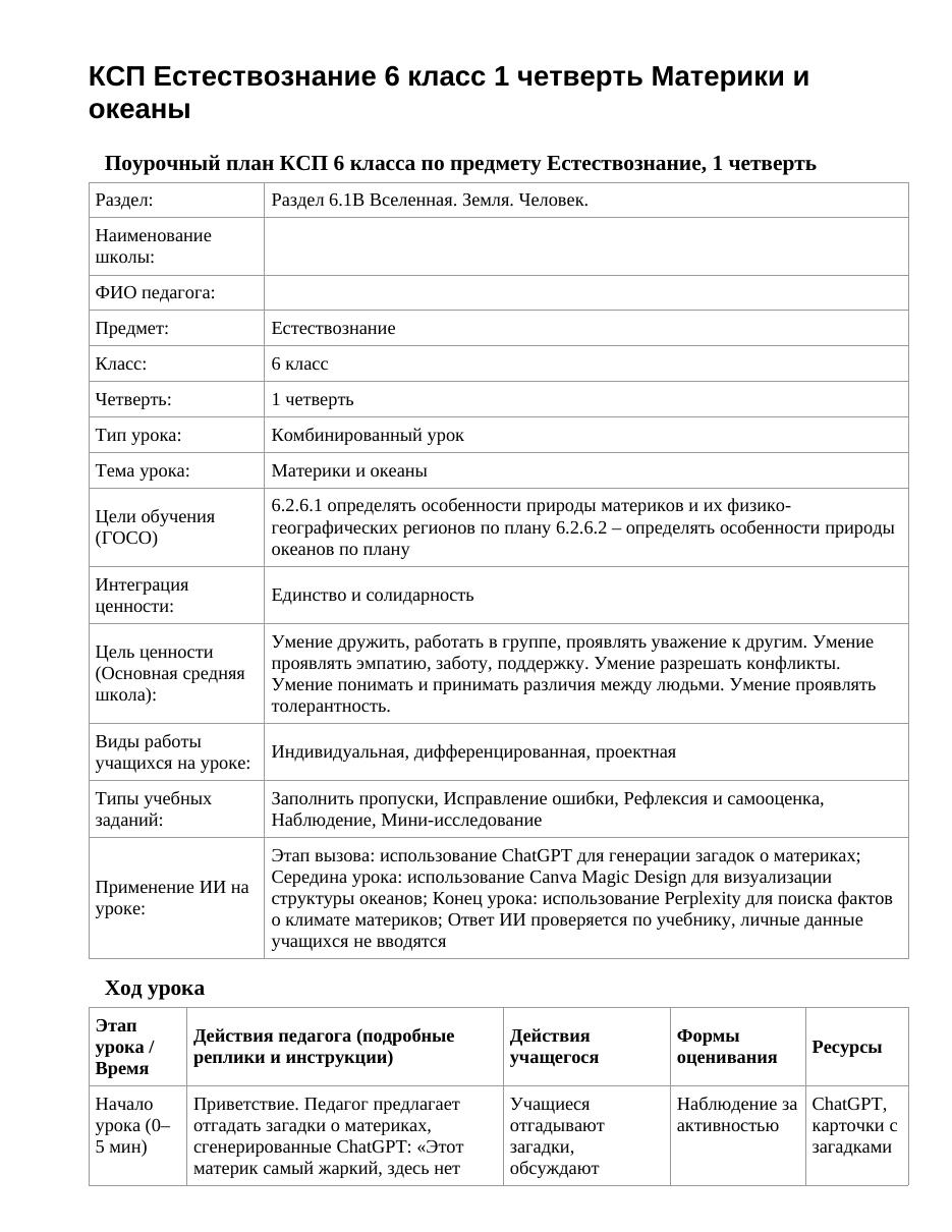 КСП Естествознание 6 класс 1 четверть Материки и океаны