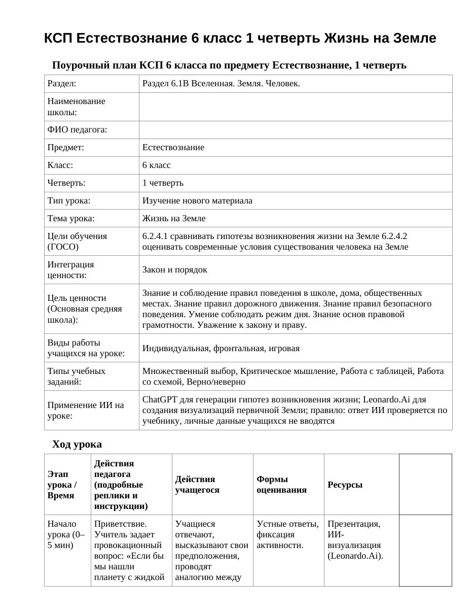 КСП Естествознание 6 класс 1 четверть Жизнь на Земле