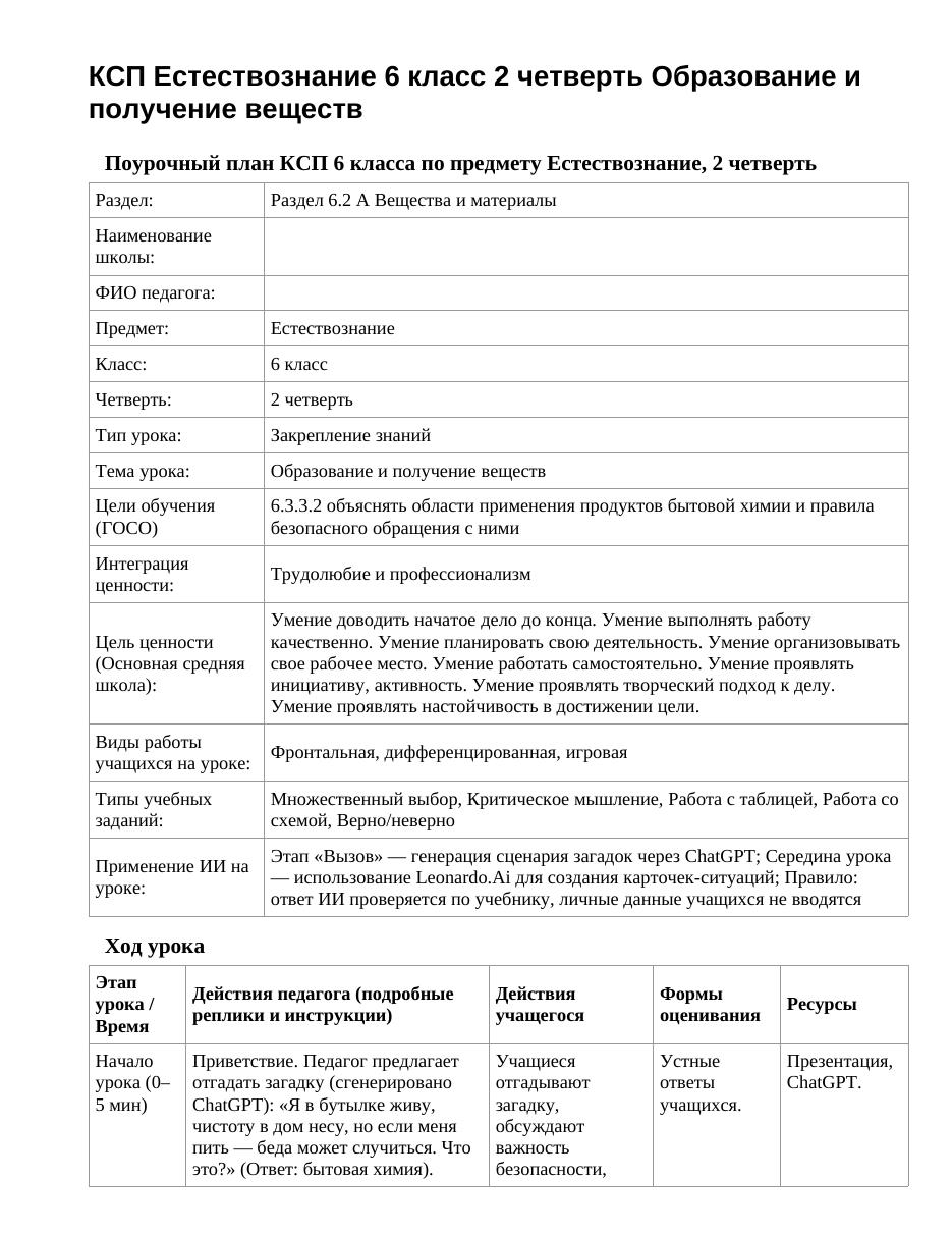 КСП Естествознание 6 класс 2 четверть Образование и получение веществ
