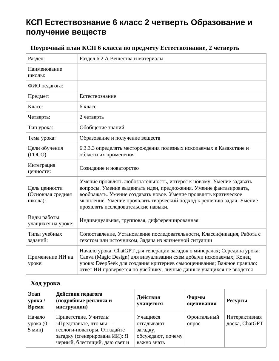 КСП Естествознание 6 класс 2 четверть Образование и получение веществ