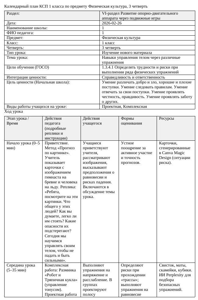 КСП Физическая культура 1класс 3 четверть Навыки управления телом