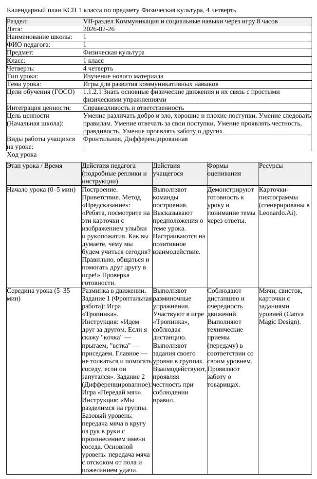 КСП Физическая культура 1класс 4 четверть Игры для развития коммуникативных