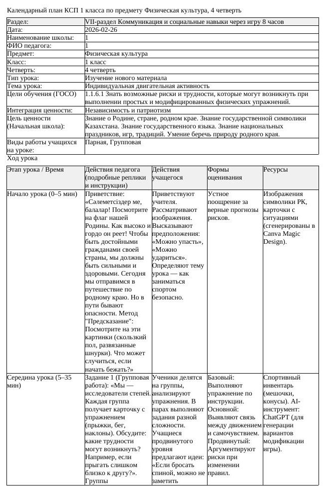 КСП Физическая культура 1класс 4 четверть Индивидуальная двигательная