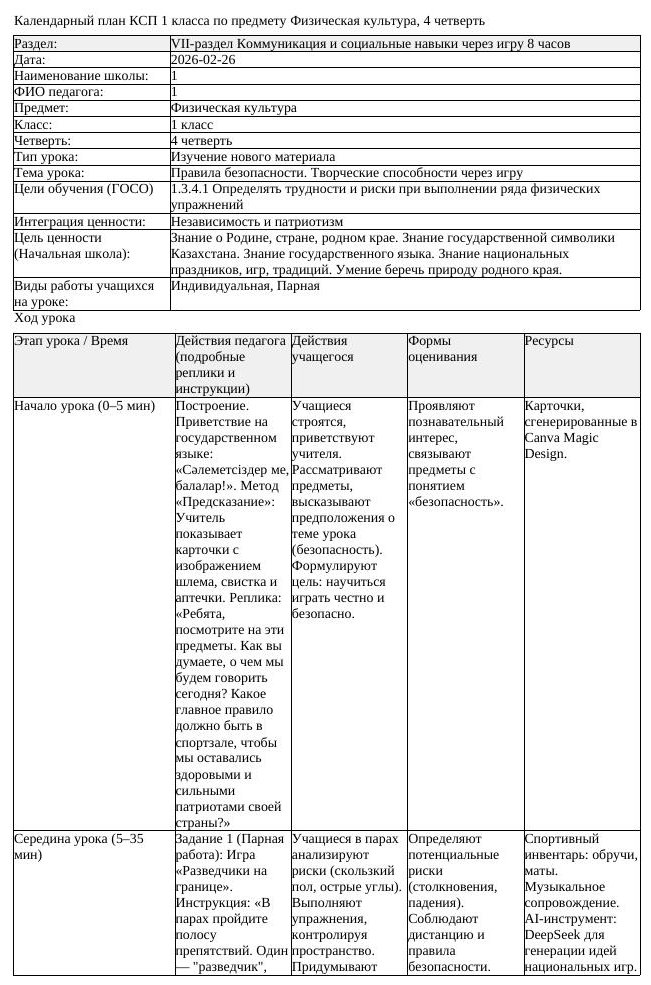 КСП Физическая культура 1класс 4 четверть Правила безопасности Творческие