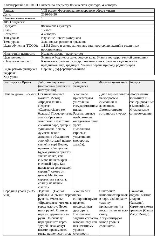 КСП Физическая культура 1класс 4 четверть Задания для развития прыжков