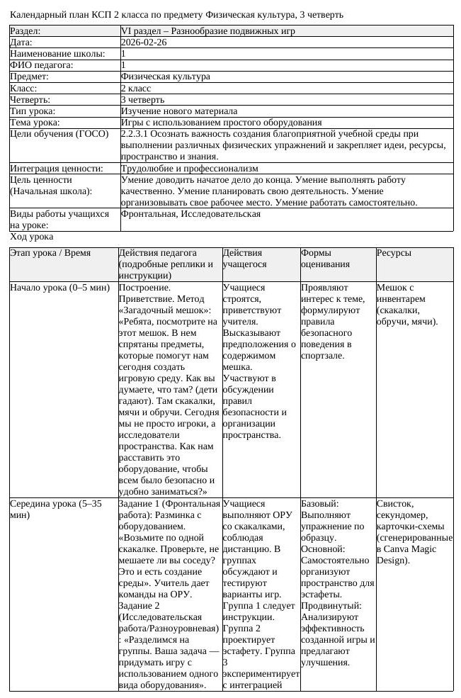 КСП Физическая культура 2класс 3 четверть Игры с использованием