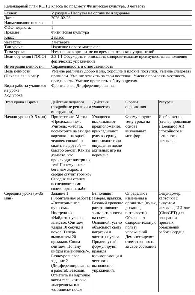 КСП Физическая культура 2класс 3 четверть Изменения в организме