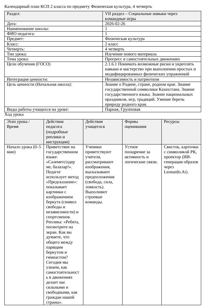 КСП Физическая культура 2класс 4 четверть Прогресс в самостоятельных