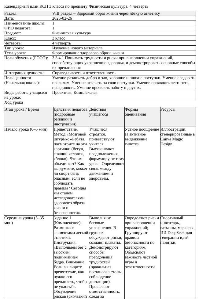 КСП Физическая культура 3класс 4 четверть Формирование здорового