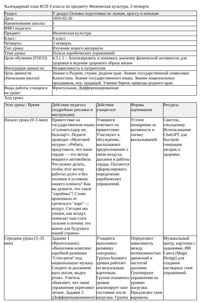 КСП Физическая культура 4класс 3 четверть Польза аэробических упражнений