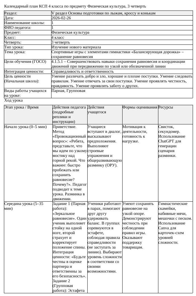 КСП Физическая культура 4класс 3 четверть Спортивные игры с элементами