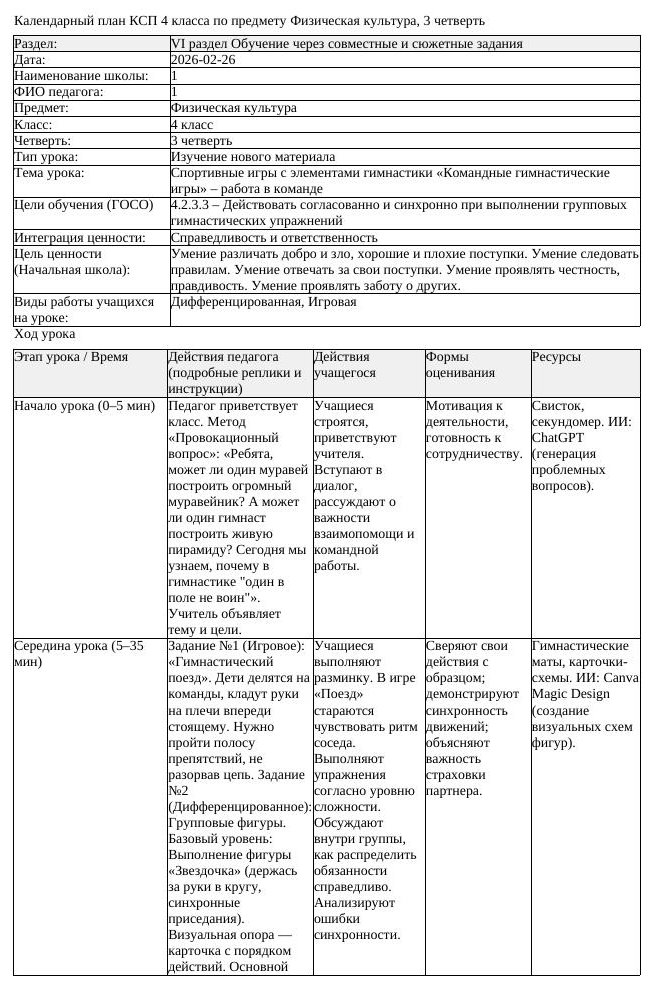 КСП Физическая культура 4класс 3 четверть Спортивные игры с элементами
