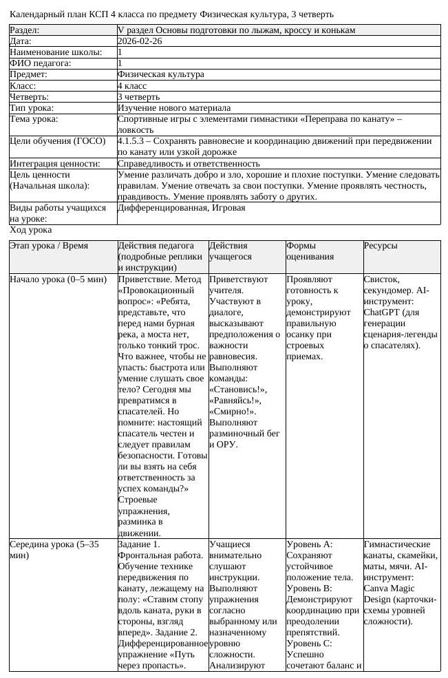 КСП Физическая культура 4класс 3 четверть Спортивные игры с элементами