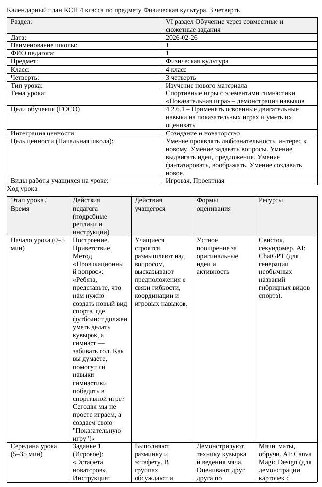 КСП Физическая культура 4класс 3 четверть Спортивные игры с элементами