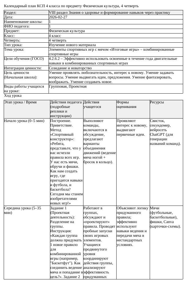 КСП Физическая культура 4класс 4 четверть Элементы спортивных игр