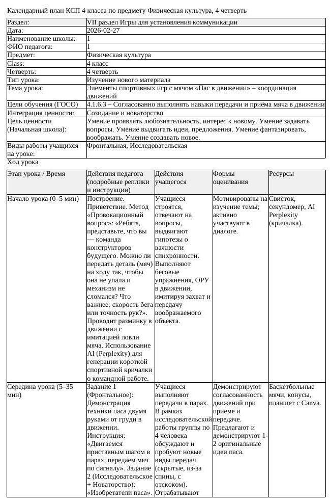 КСП Физическая культура 4класс 4 четверть Элементы спортивных игр
