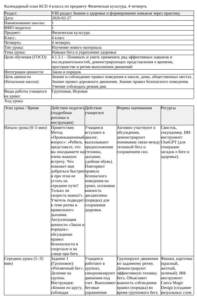 КСП Физическая культура 4класс 4 четверть Навыки бега и укрепление