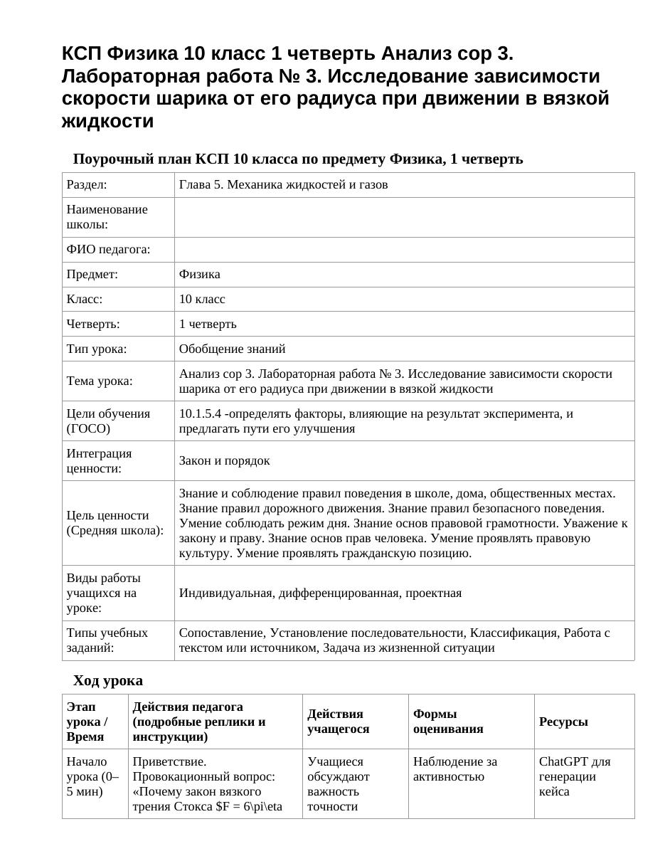 КСП Физика 10 класс 1 четверть Анализ сор 3. Лабораторная работа № 3. Исследование зависимости скорости шарика от его радиуса при движении в вязкой жидкости